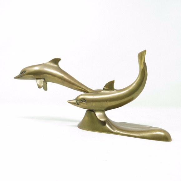 vintage Other - Vintage Large Brass Swimming Dolphins Figurine